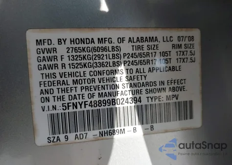 2009 Honda Pilot Touring from USA, damaged, VIN 5FNYF48899B024394